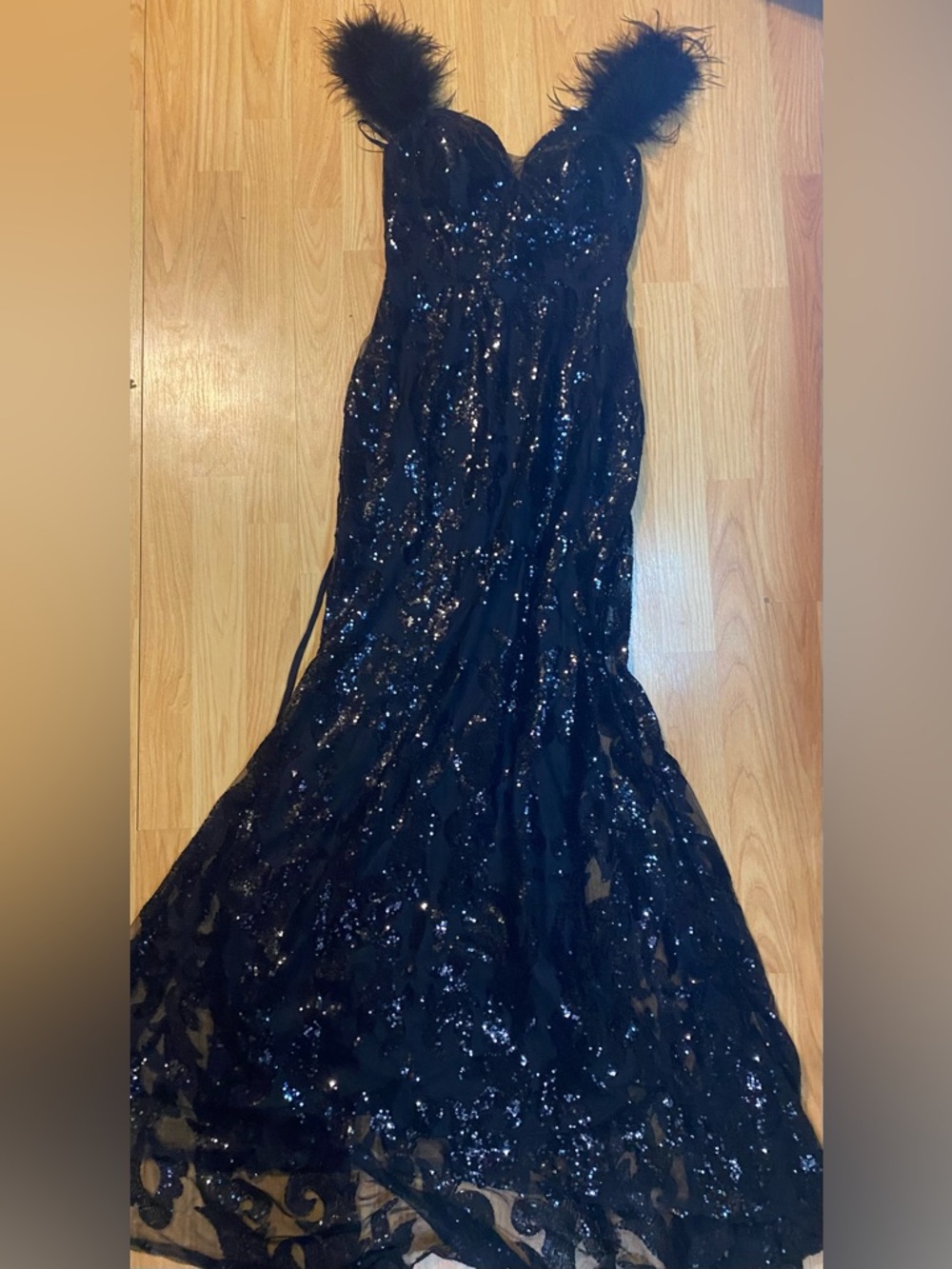 Black Sequin Mermaid Gown with Feather Straps